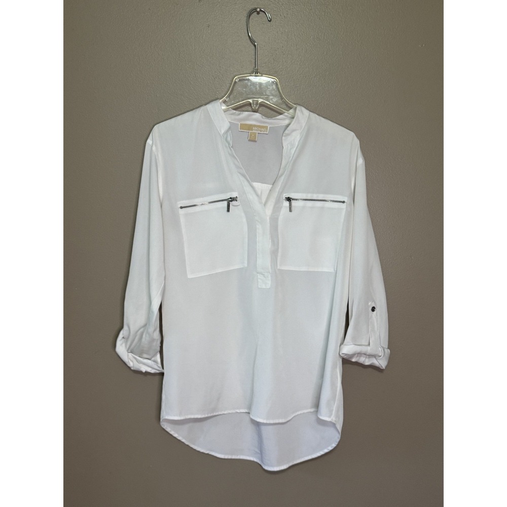 MICHAEL Michael Kors White Zip Pocket Blouse V-Neck Roll Tab Sleeve Size 6